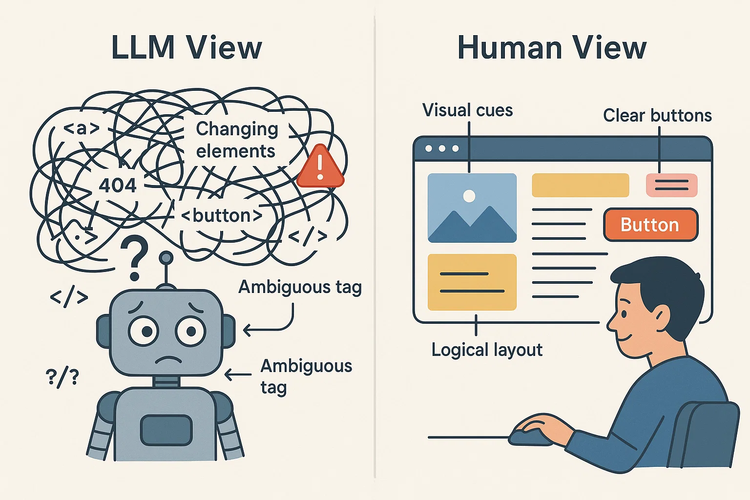 An illustration that shows the difference between LLMs and humans in the way ther perceive the web. Generated by [SORA](https://openai.com/sora/)