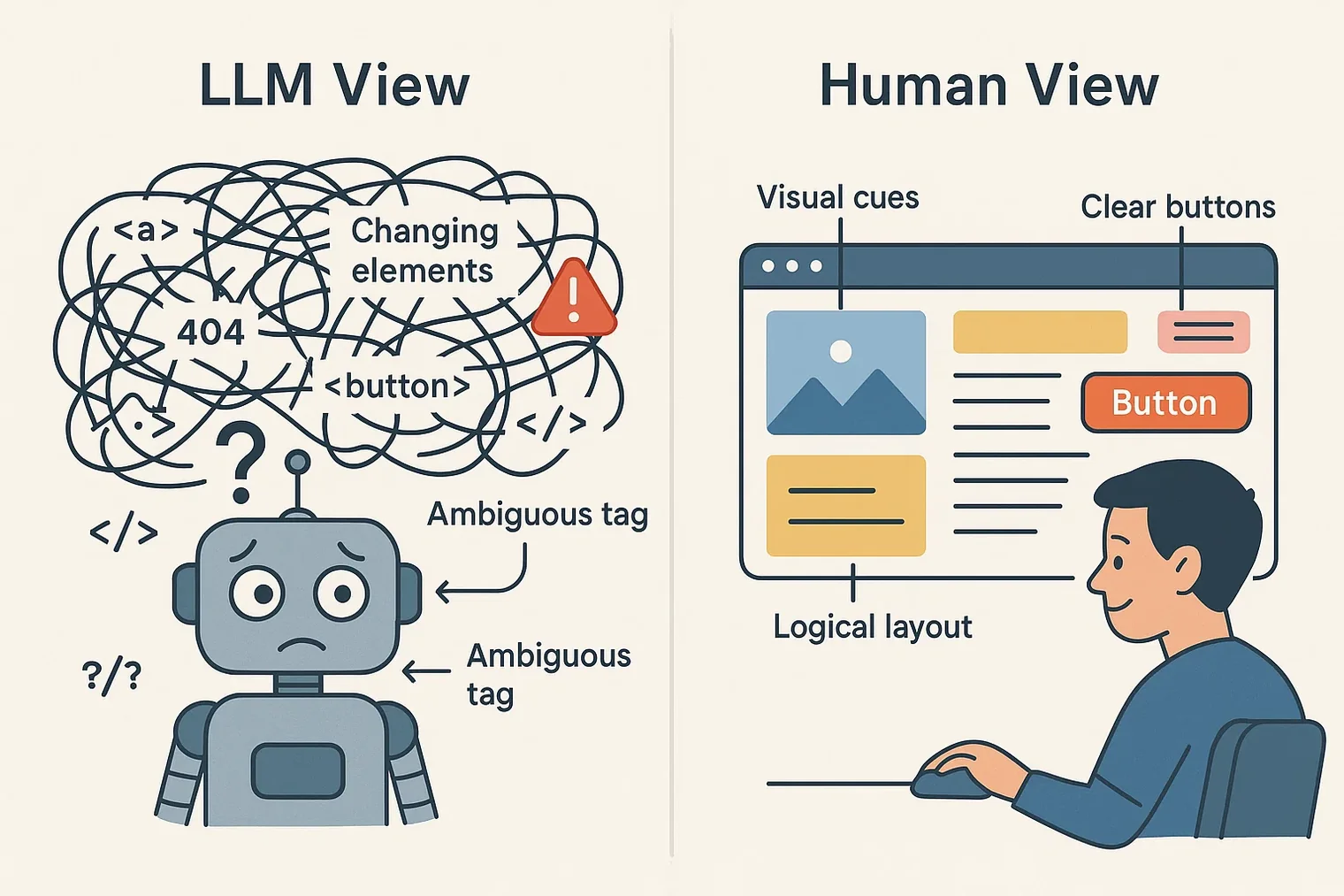 Figure 1: An illustration that shows the difference between LLMs and humans in the way they perceive the web.